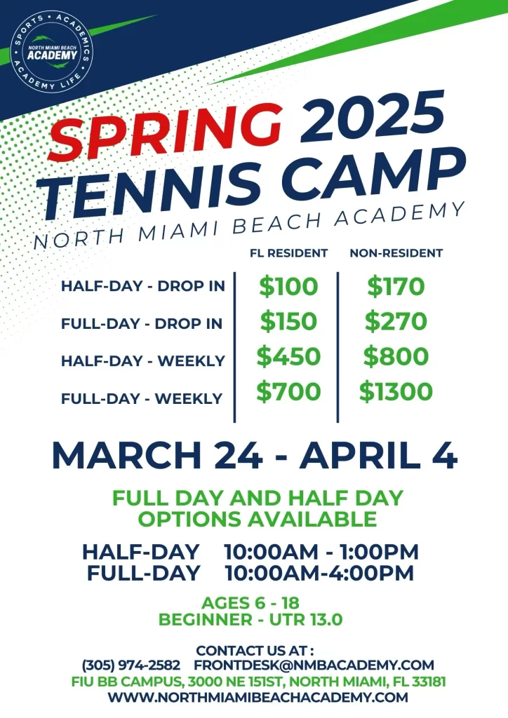 NMBA Spring 2025 Tennis Camp flyer March 24 April 4 North Miami Beach Academy