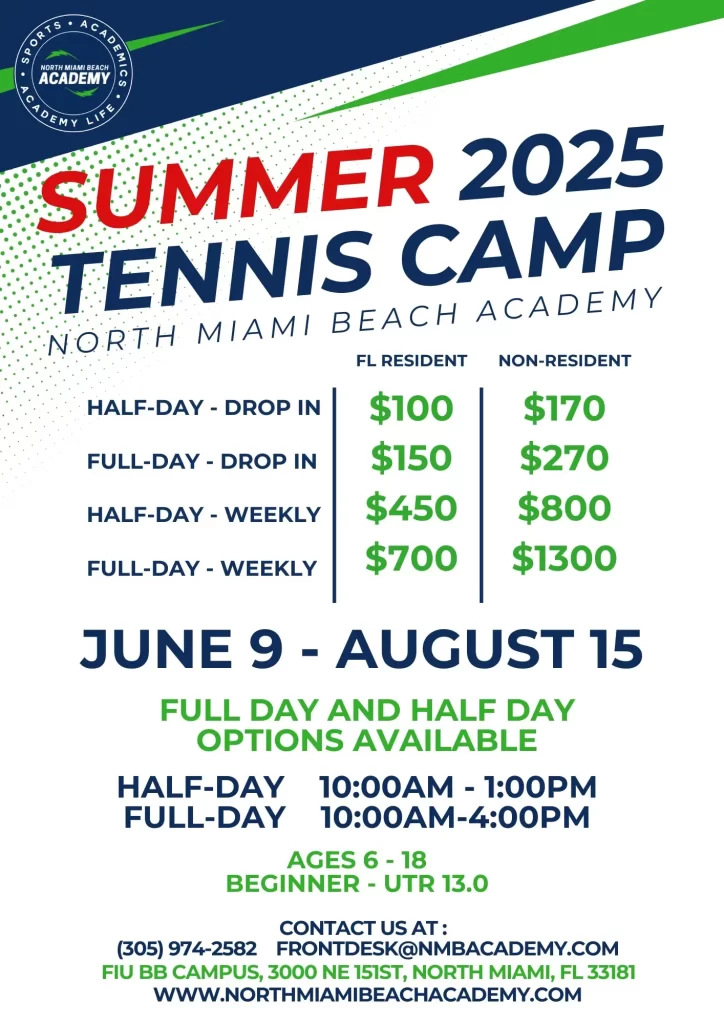 NMBA Summer 2025 Tennis Camp flyer June 9 August 15 North Miami Beach Academy