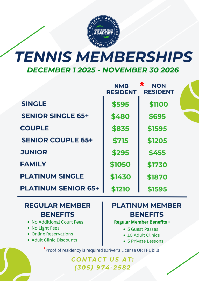 NMBA tennis memberships pricing chart December 2026 North Miami Beach