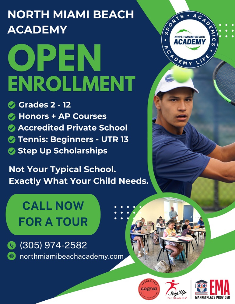 NMBA open enrollment flyer K-12 private school tennis academy North Miami Beach