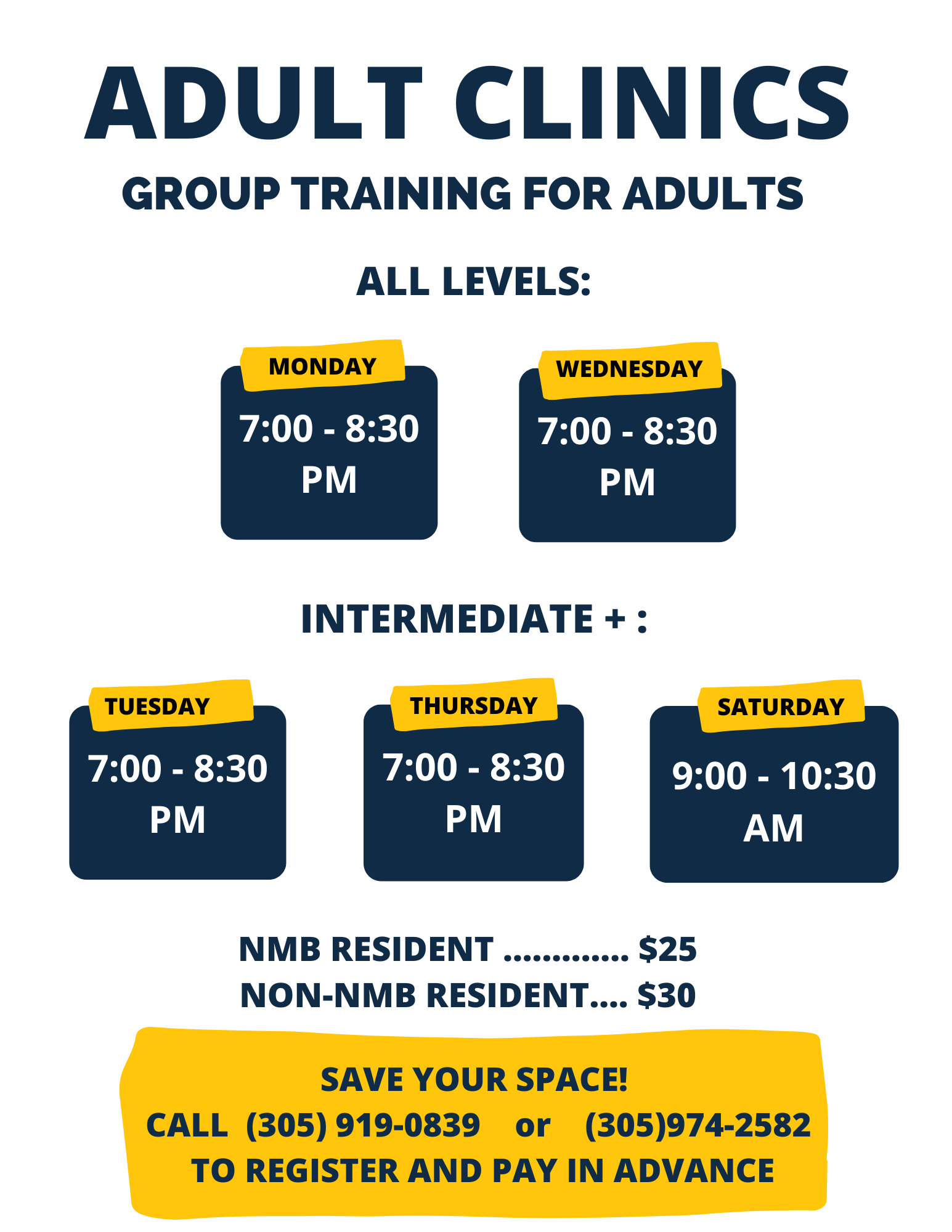 Adult Clinics — Schedule & Pricing