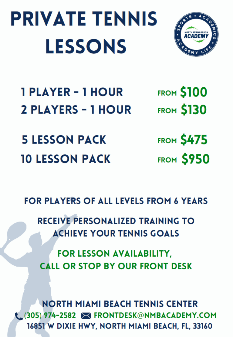 NMBA private tennis lesson pricing flyer North Miami Beach Academy